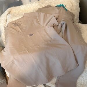 Figs Taupe V-Neck Scrub Top & Drawstring Pants